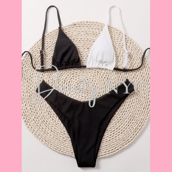 Color Block Black White Triangle Bikini Summer - Picture 4 of 8